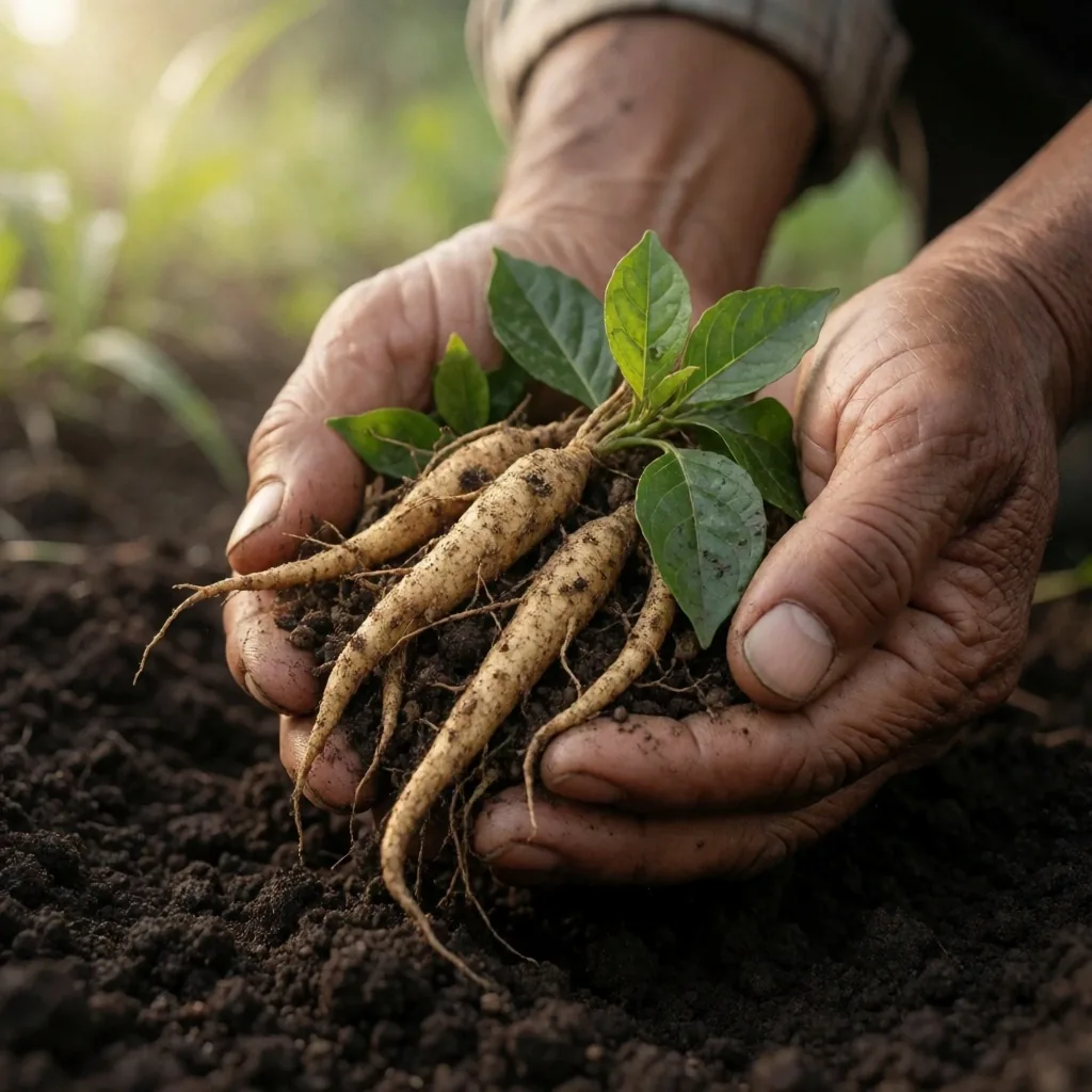 A farmer's hands holding freshly harvested botanical leaves over dark soil