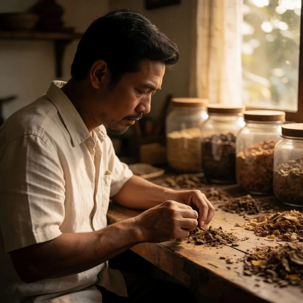 A man studying botanical specimens at a workbench in warm natural light