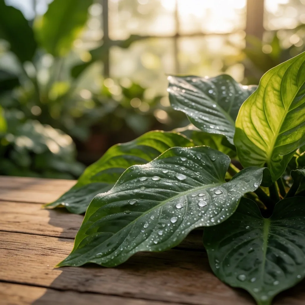 Botanical leaves on a potting bench in morning conservatory light