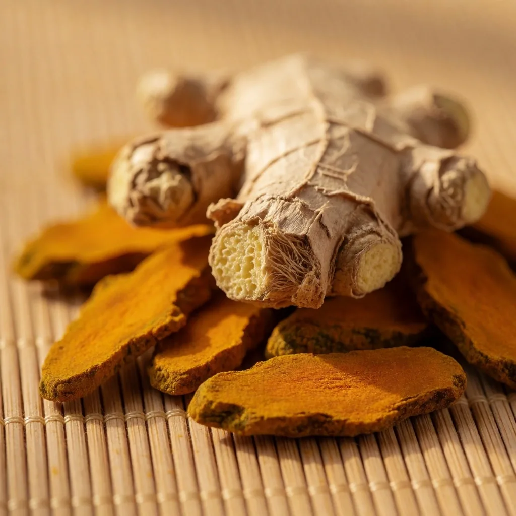 Dried ginger root and turmeric on textured paper in macro detail