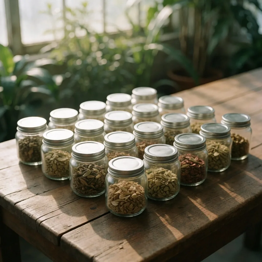 Apothecary bottles arranged on a greenhouse potting bench in morning light