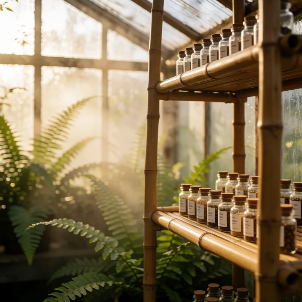 Conservatory greenhouse with apothecary bottles on bamboo shelving
