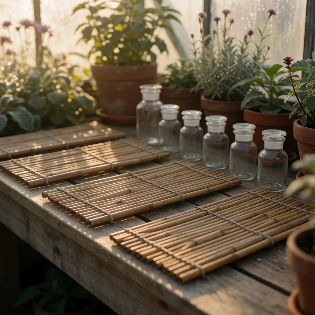 Botanical conservatory bench at dawn with glass apothecary bottles