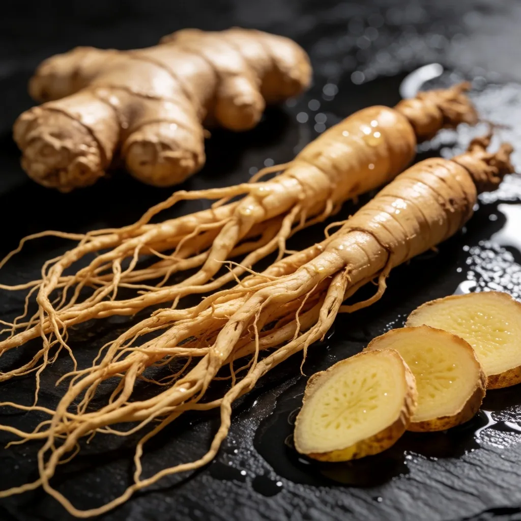 Ginger and ginseng roots on dark slate