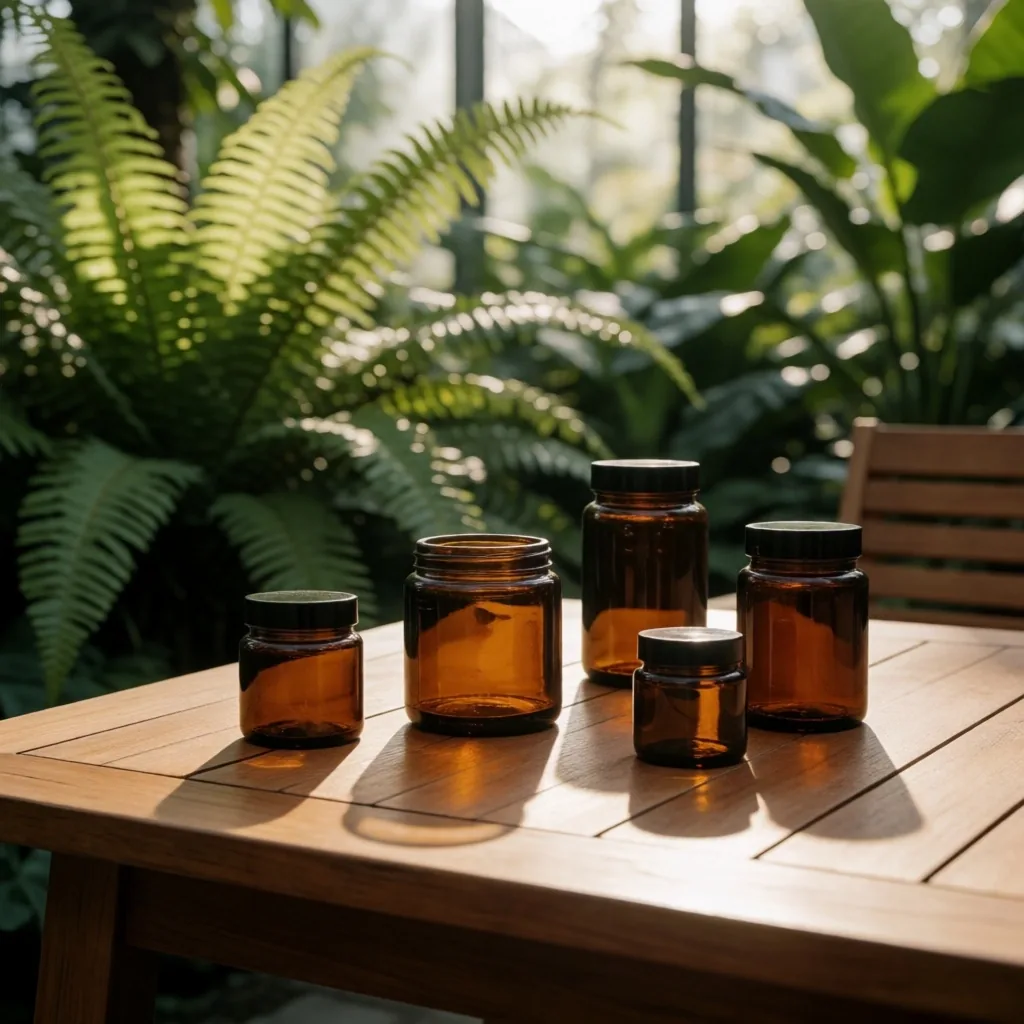 Morning light in a greenhouse conservatory with apothecary bottles on a wooden bench