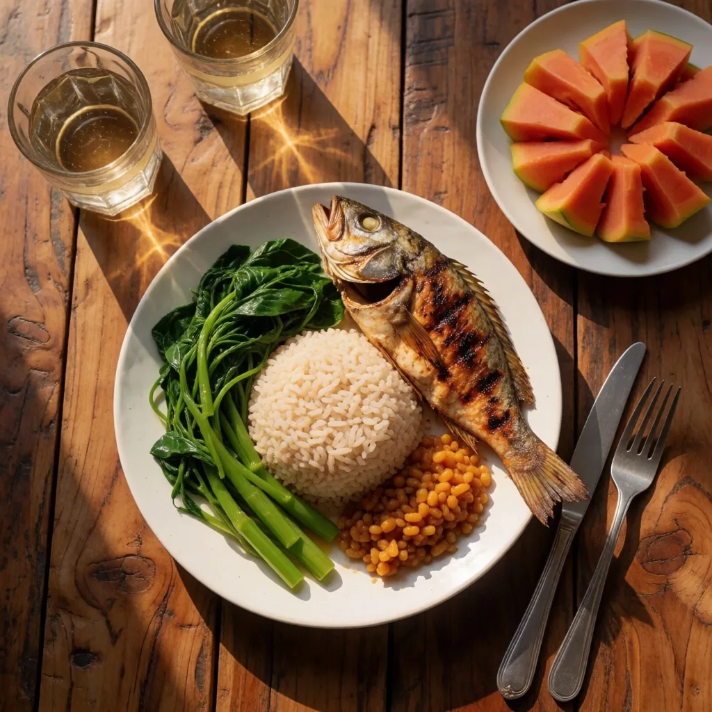 Balanced whole-food meal on a wooden table